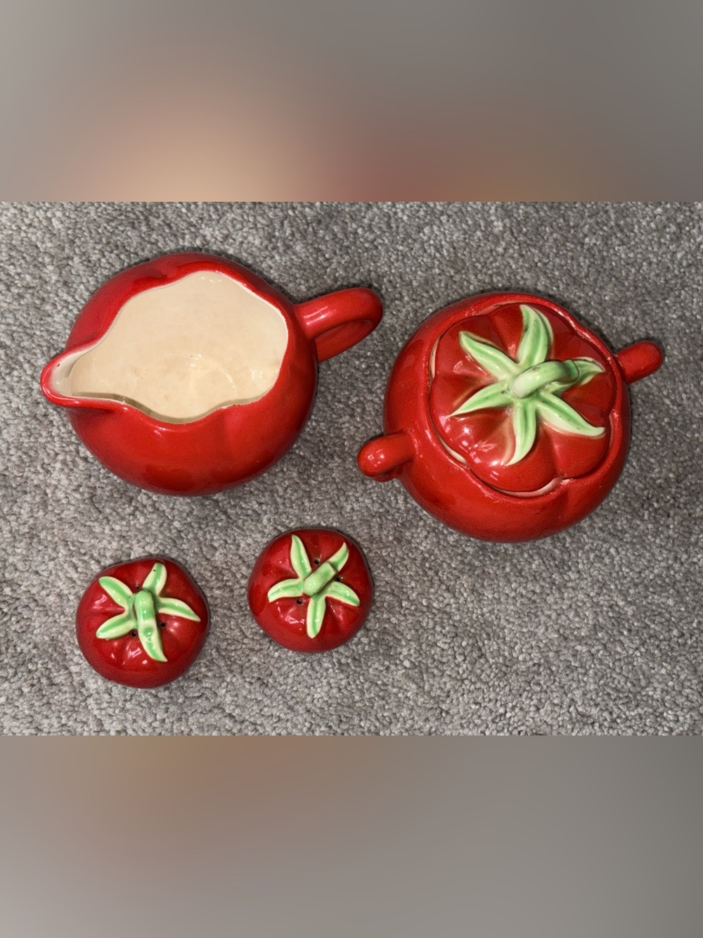 Pantry Parade Red Tomato Ceramic Sugar Bowl & Creamer w/Salt & Pepper Shakers